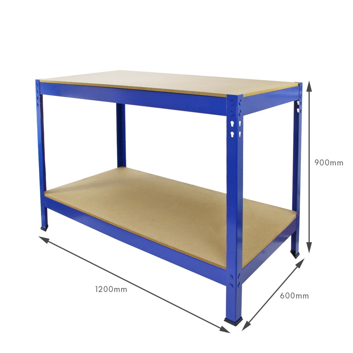 3 x Unidades de estantería metálicas Q-Rax en color azul de 90 cm, banco de trabajo y mazo de goma.
