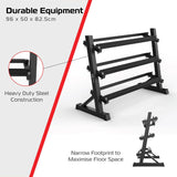Estante de mancuernas negro de acero resistente, con tres niveles y diseño compacto para optimizar el espacio en el gimnasio