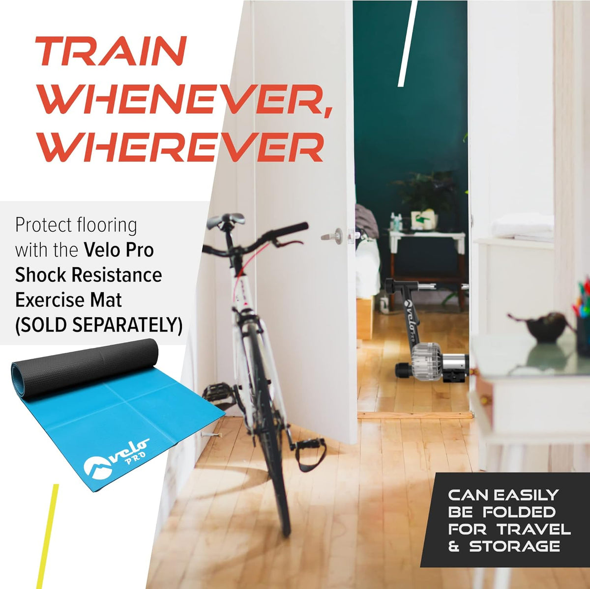 Rodillo de fluido Velo Pro negro sobre un suelo de madera clara, ideal para proteger superficies durante el ejercicio en casa