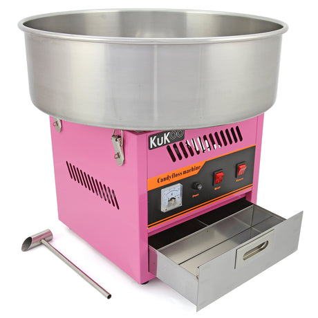 Máquina de algodón de azúcar KuKoo en color rosa brillante, con tazón de acero inoxidable y controles en la parte frontal