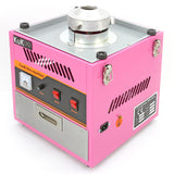 Máquina de algodón de azúcar KuKoo en color rosa brillante, con panel de control, botones rojos y detalles metálicos plateados