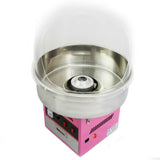 Máquina de algodón de azúcar en color rosa con cúpula protectora transparente y base de acero inoxidable brillante, ideal para fiestas