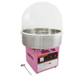 Máquina de algodón de azúcar en color rosa con cúpula protectora transparente y base de acero inoxidable, ideal para fiestas