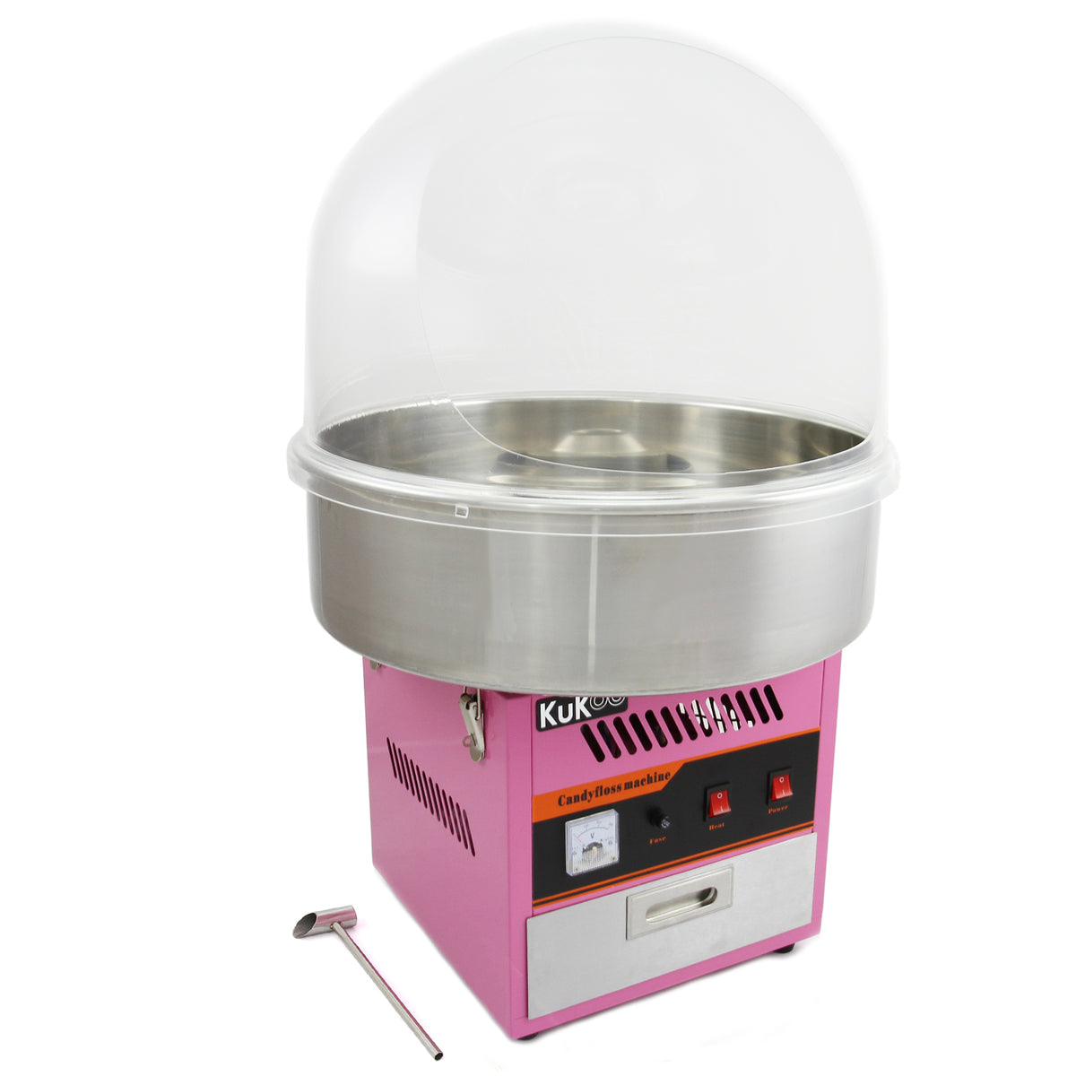 Máquina de algodón de azúcar en color rosa con cúpula protectora transparente y base de acero inoxidable, ideal para fiestas