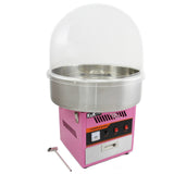 Máquina de algodón de azúcar en color rosa con cúpula protectora transparente y base de acero inoxidable, ideal para fiestas