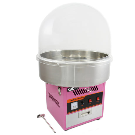 Máquina de algodón de azúcar en color rosa con cúpula protectora transparente y base de acero inoxidable, ideal para fiestas