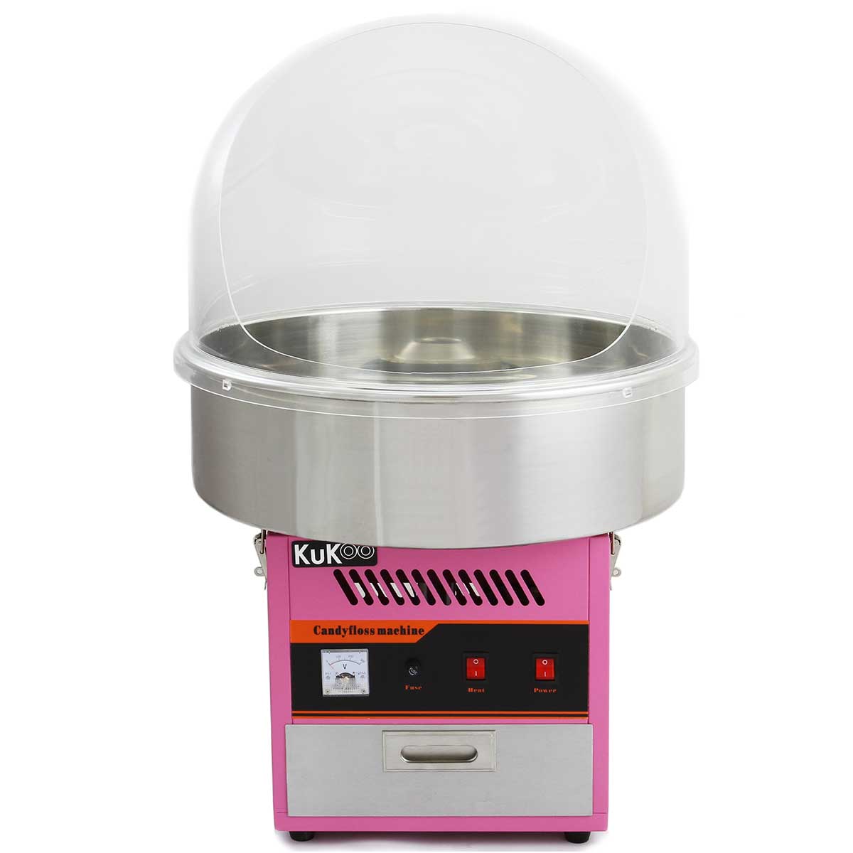 Máquina de algodón de azúcar KuKoo en color rosa con cúpula protectora transparente y base de acero inoxidable brillante