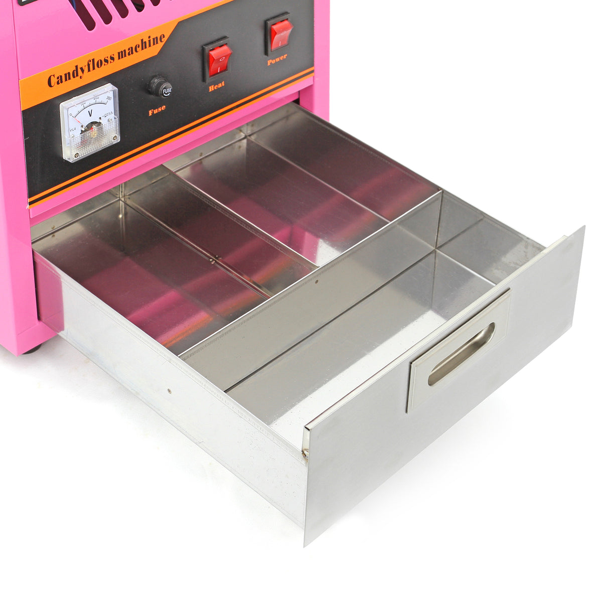 Máquina de algodón de azúcar KuKoo en color rosa, con un cajón de acero inoxidable brillante y controles en la parte frontal