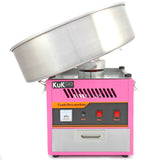 Máquina de algodón de azúcar KuKoo en color rosa brillante, con un tazón de acero inoxidable y controles de encendido y temperatura visibles