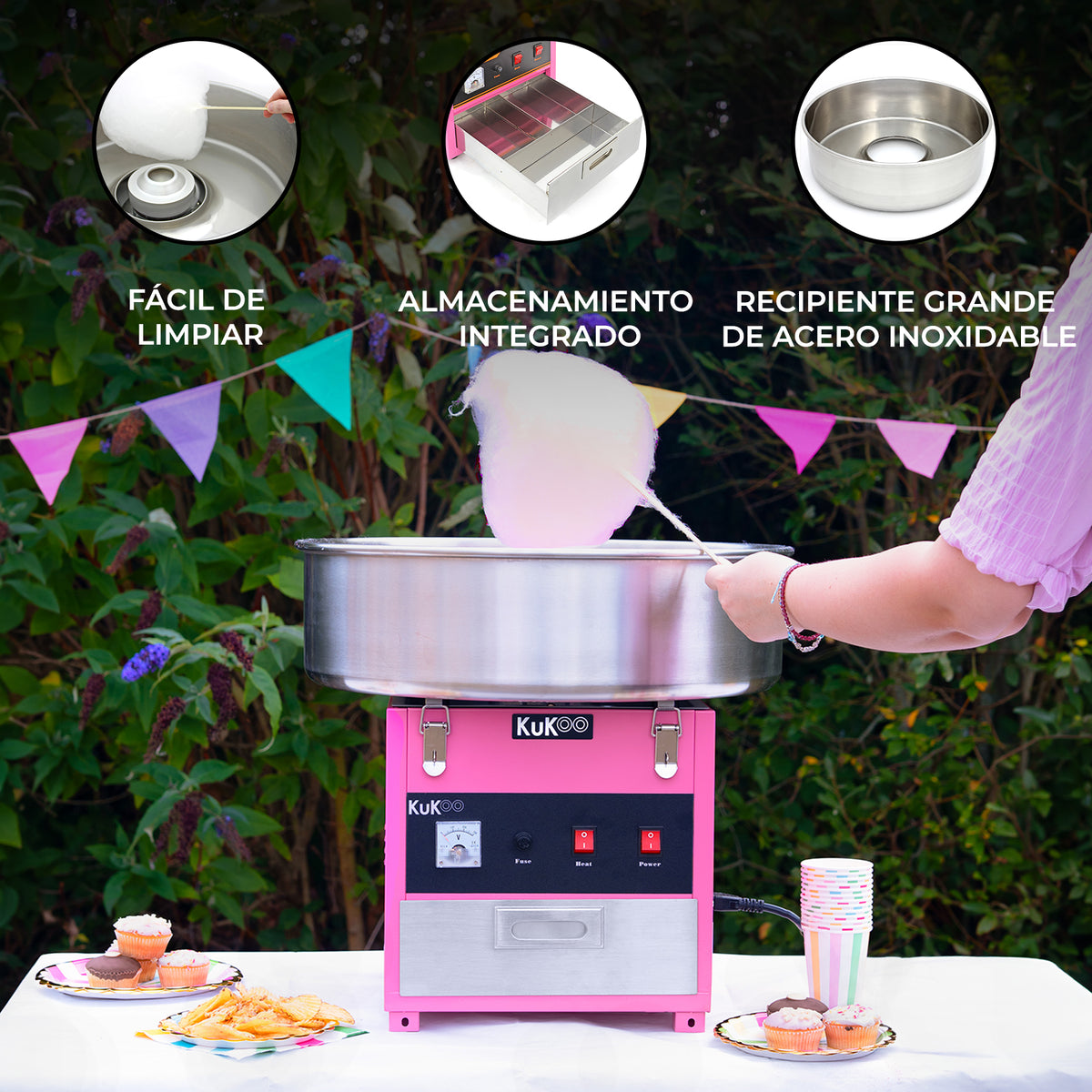 Máquina de algodón de azúcar KuKoo en color rosa, con recipiente de acero inoxidable y diseño fácil de limpiar, ideal para fiestas