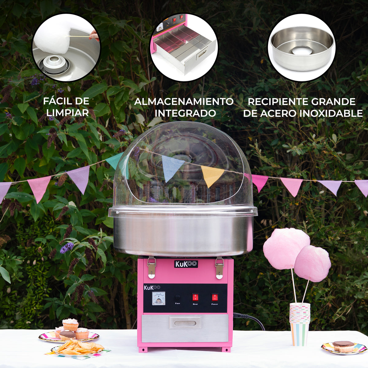 Máquina de algodón de azúcar KuKoo en color rosa, con cúpula protectora transparente y recipiente de acero inoxidable brillante