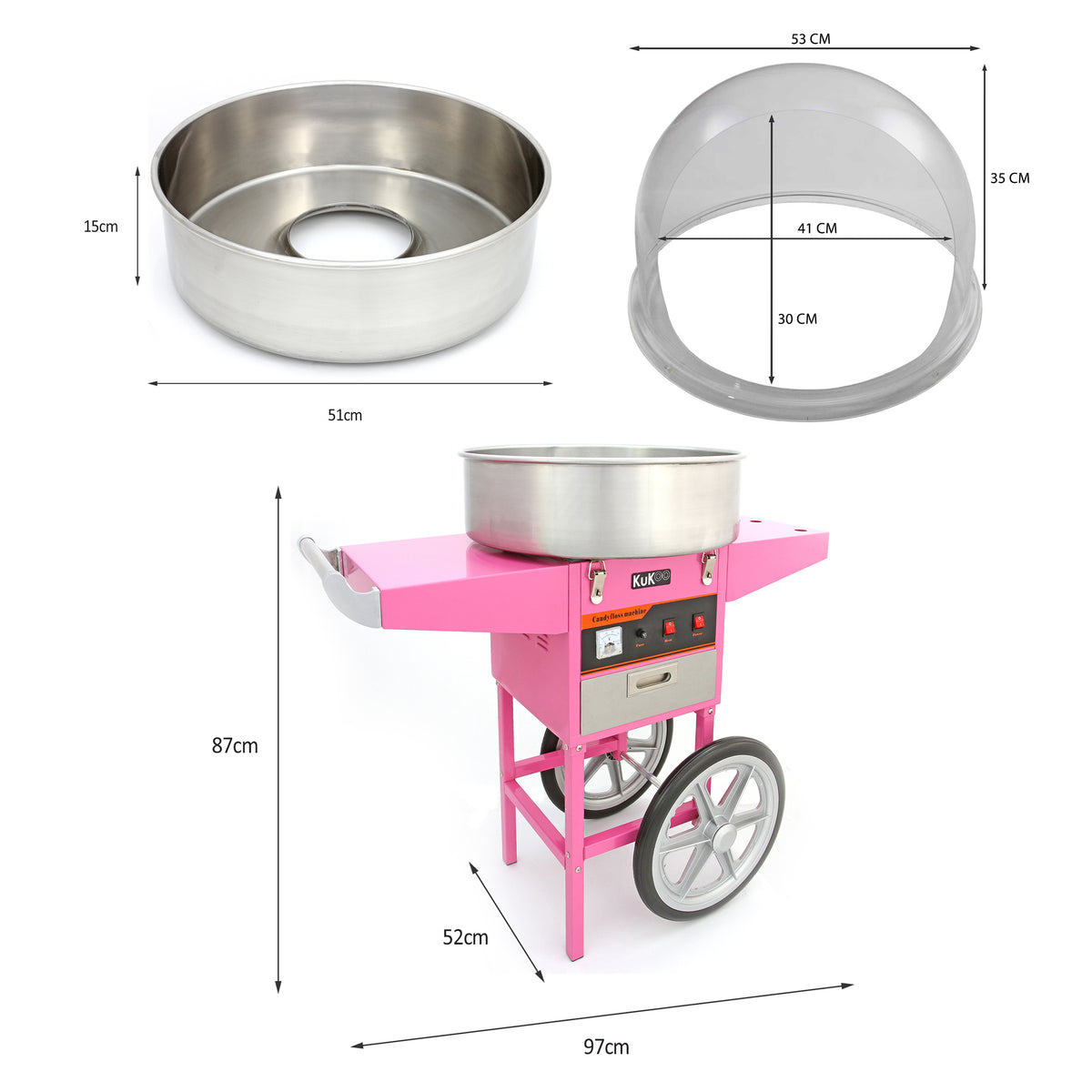 KuKoo Máquina de Algodón de Azúcar con Carrito y Cúpula Protectora