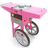 Carrito de palomitas de maíz KuKoo en color rosa brillante, con ruedas grandes y superficie de trabajo metálica, ideal para eventos