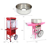 Máquina de palomitas roja con carritos, máquina de algodón de azúcar rosa y cuenco de acero inoxidable, detalles brillantes y dimensiones claras