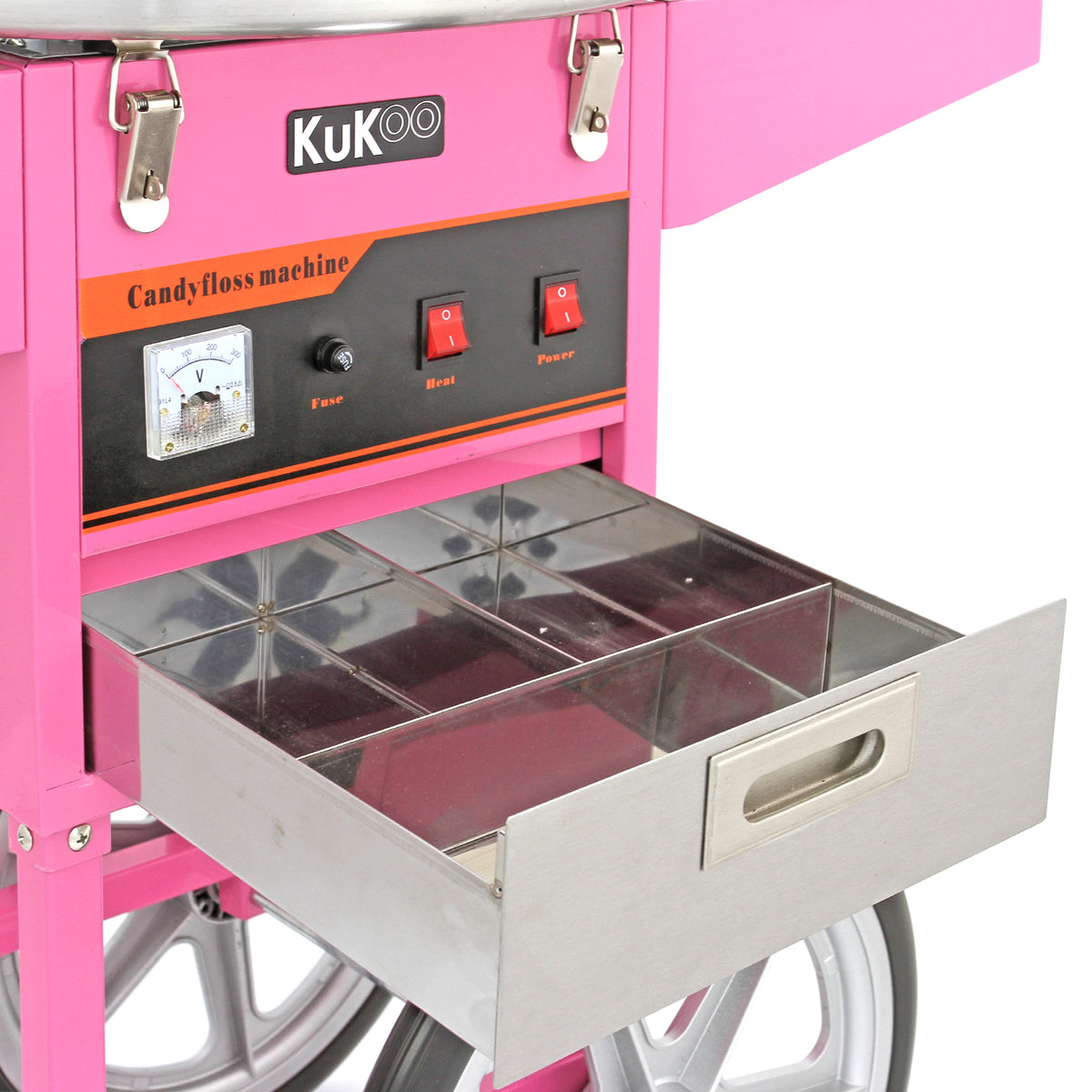 Máquina de algodón de azúcar KuKoo en color rosa brillante, con panel de control y cajón metálico para almacenamiento de ingredientes