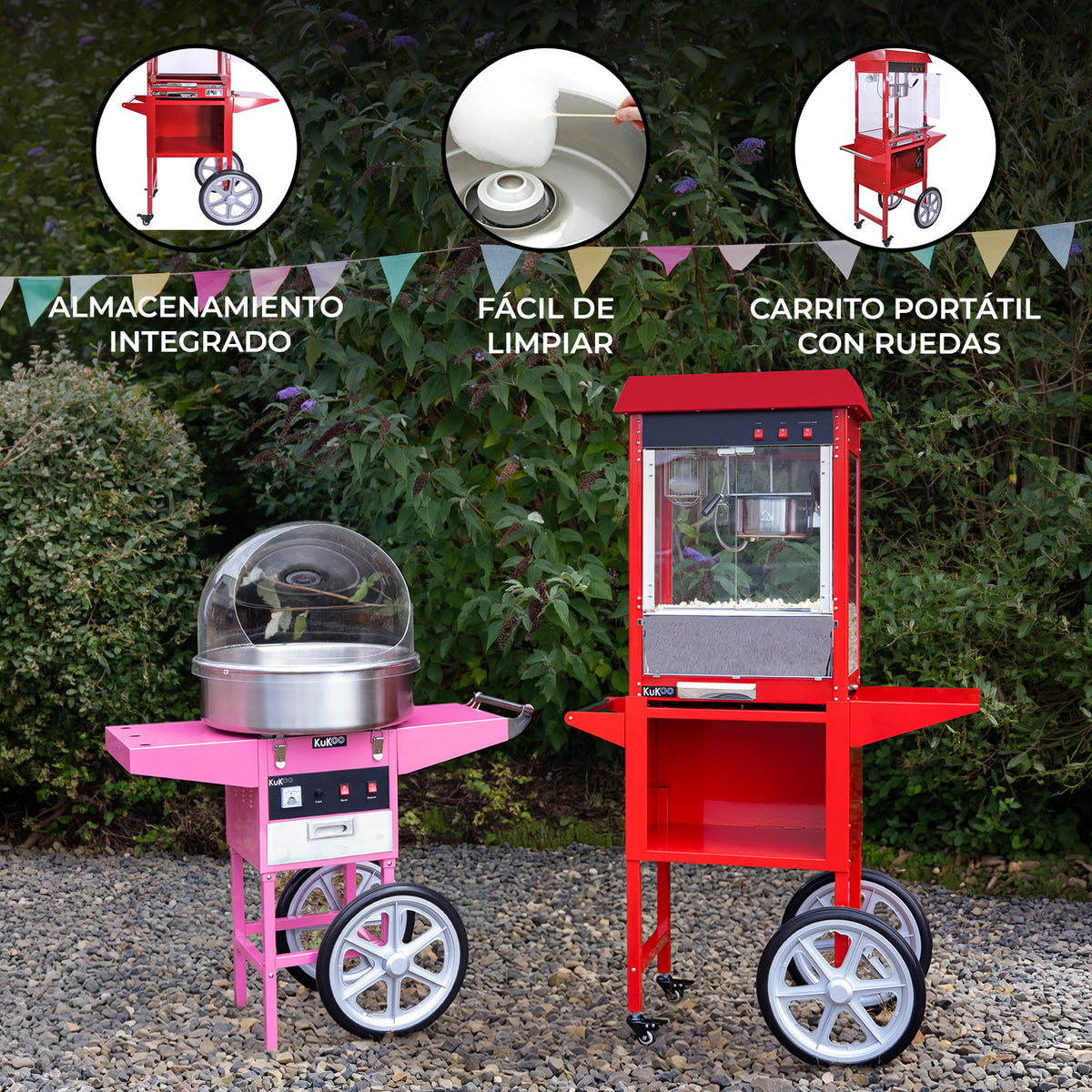 Máquina de palomitas y carrito de algodón de azúcar en colores rojo y rosa, con ruedas y almacenamiento integrado, en un entorno al aire libre
