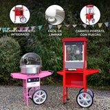 Máquina de palomitas y carrito de algodón de azúcar en colores rojo y rosa, con ruedas y almacenamiento integrado, en un entorno al aire libre