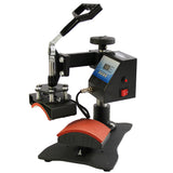 Máquina de prensado térmico compacta para gorras, con base negra, mango ergonómico y pantalla digital para ajustar temperatura y tiempo