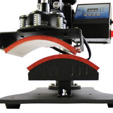 Máquina de prensado térmico para gorras, con base negra, almohadillas rojas y pantalla digital para controlar temperatura y tiempo