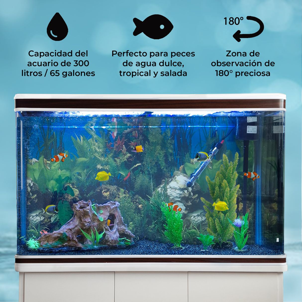 Acuario de 300L con Mueble Blanco, Accesorios y Grava Azul