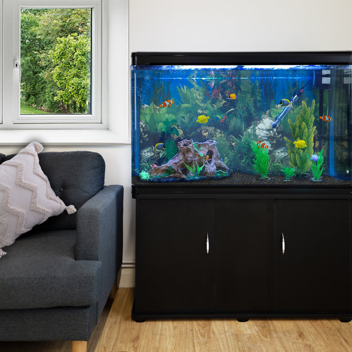 Acuario de 300L con Mueble Negro, Accesorios y Grava Negra