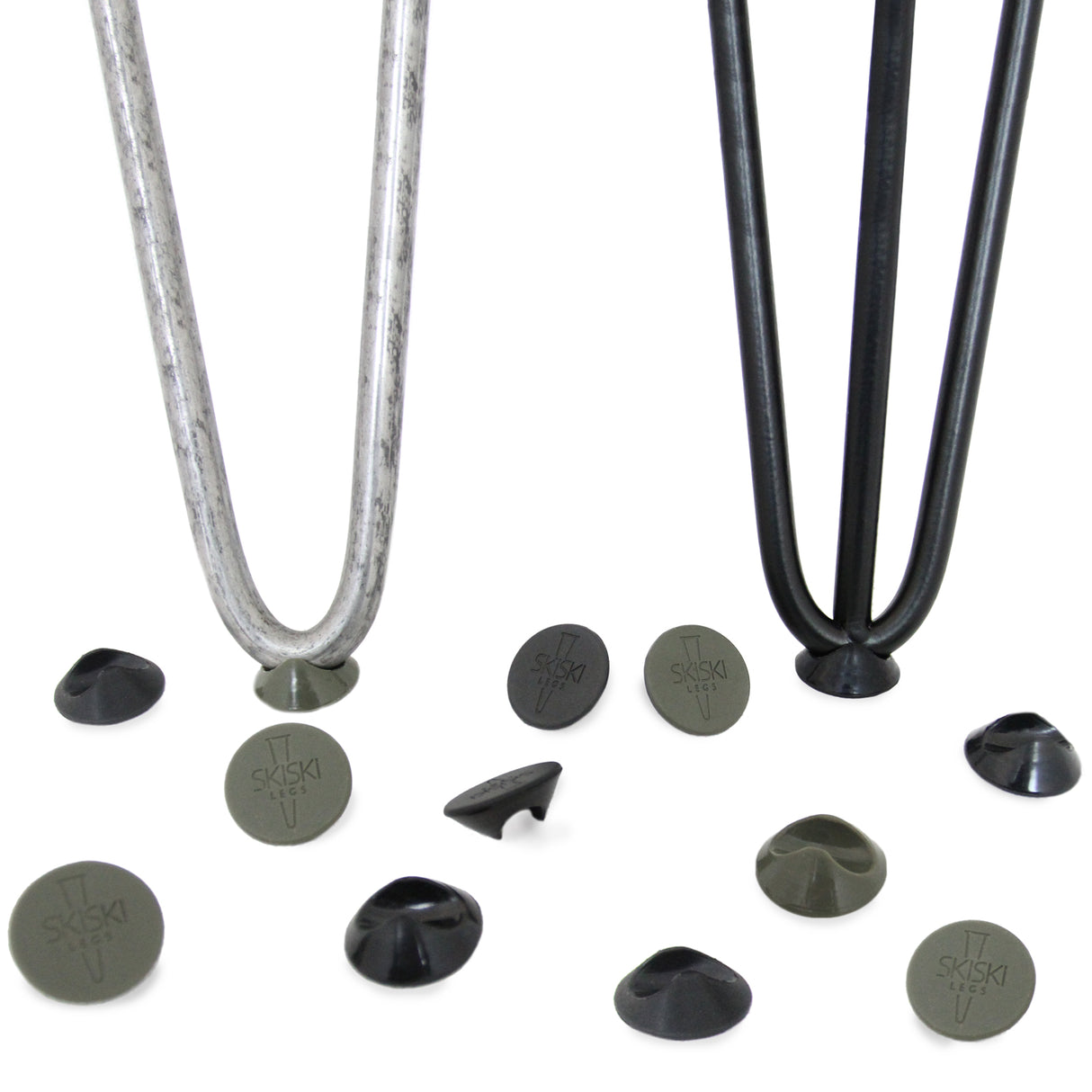 Protectores de patas de horquilla de 10 mm en gris y negro, con forma circular y textura suave, ideales para proteger superficies