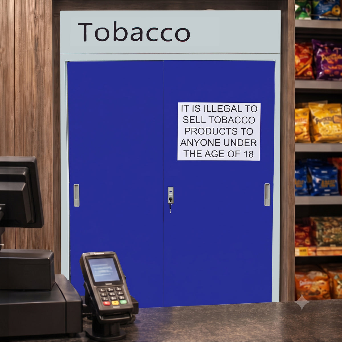 Mueble expositor azul para cigarrillos y vapeadores, con un letrero que indica la prohibición de venta a menores de 18 años
