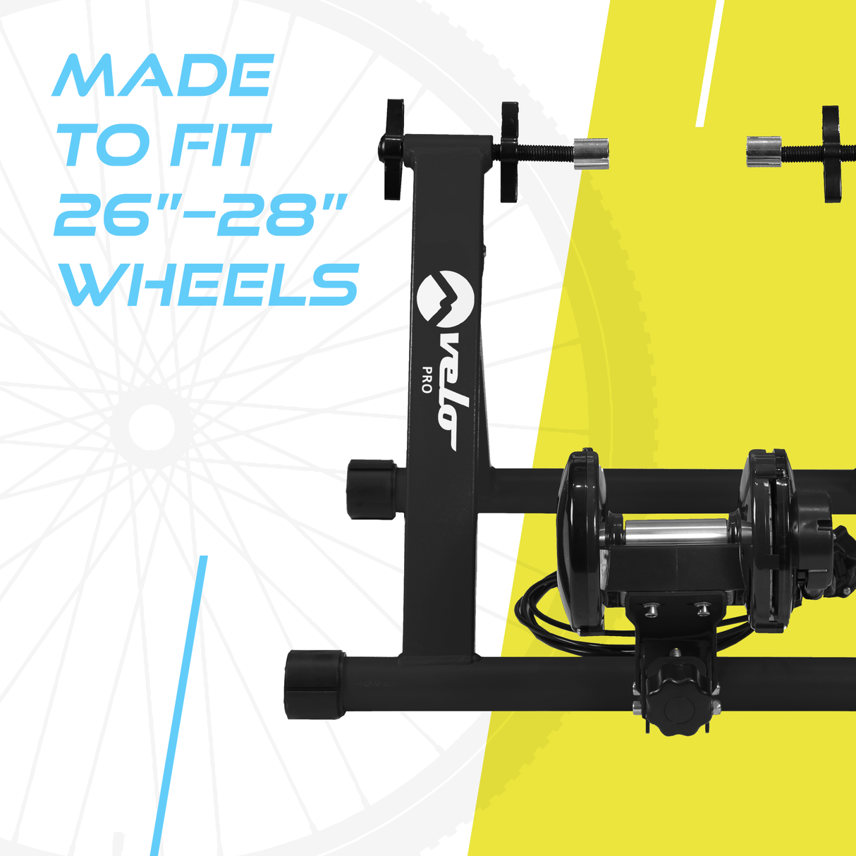 Rodillo magnético Velo Pro plateado con soporte ajustable, diseñado para bicicletas de 26 a 28 pulgadas, con alfombrilla antideslizante