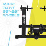 Rodillo magnético Velo Pro plateado con soporte ajustable, diseñado para bicicletas de 26 a 28 pulgadas, con alfombrilla antideslizante