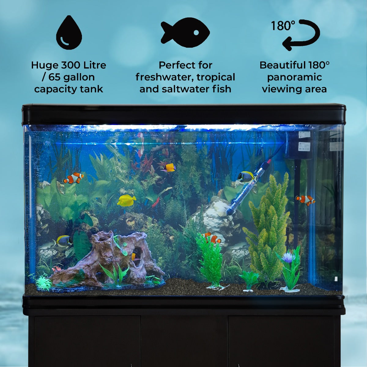 Acuario de 300L con Mueble Negro, Accesorios y Grava Negra