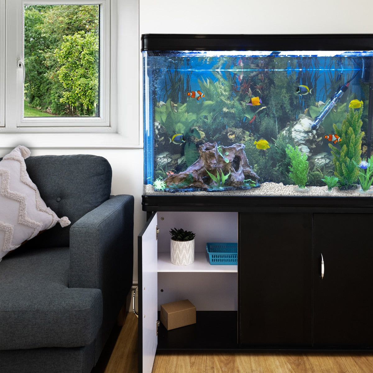 Acuario de 300L con Mueble Negro, Accesorios y Grava Blanca