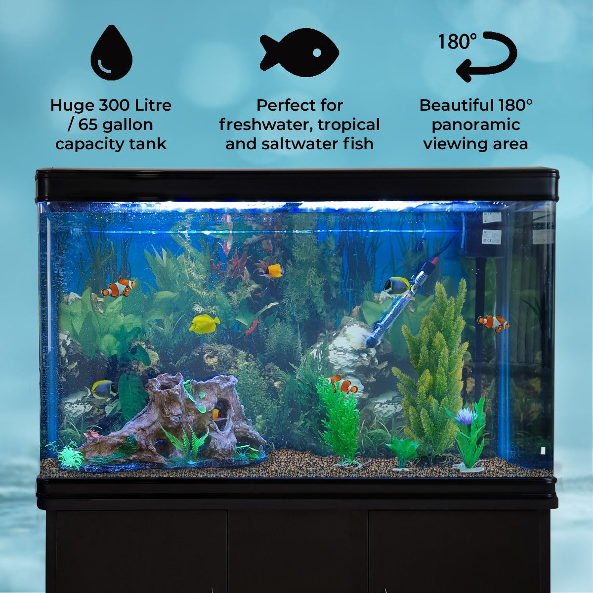 Acuario de 300L con Mueble Negro, Accesorios y Grava Natural