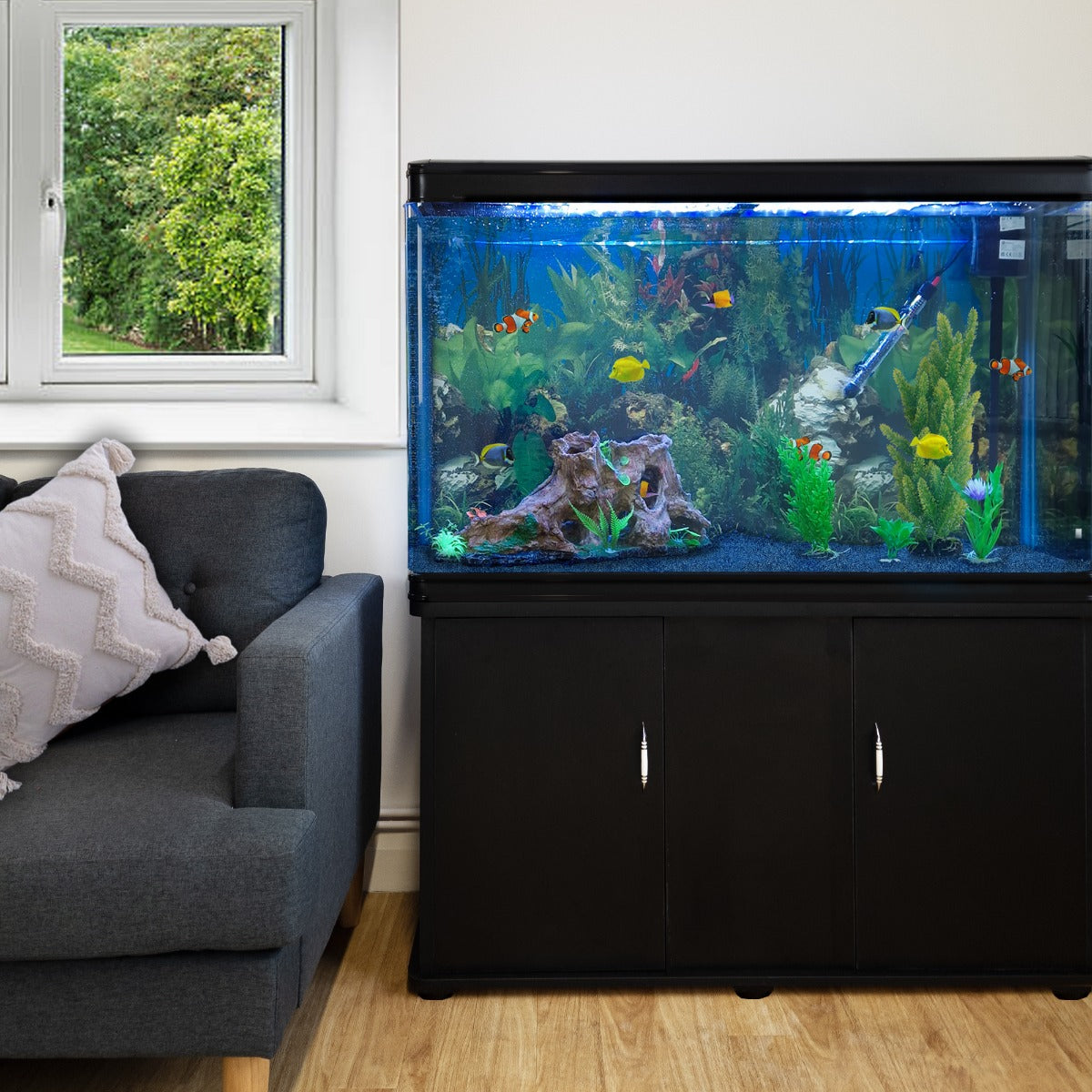 Acuario de 300L con Mueble Negro, Accesorios y Grava Azul