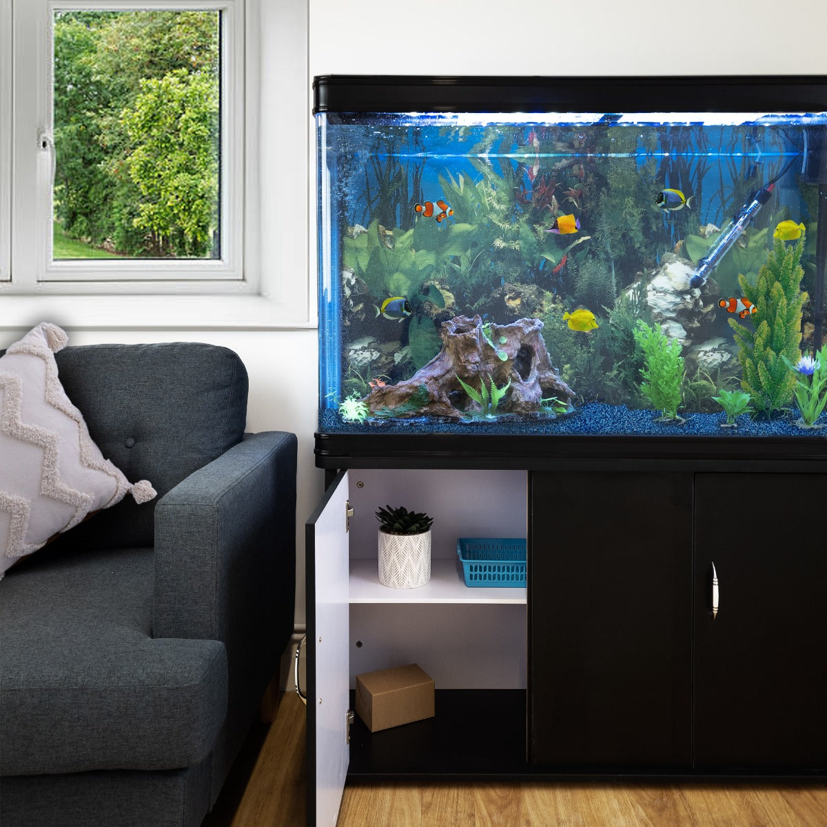 Acuario de 300L con Mueble Negro, Accesorios y Grava Azul