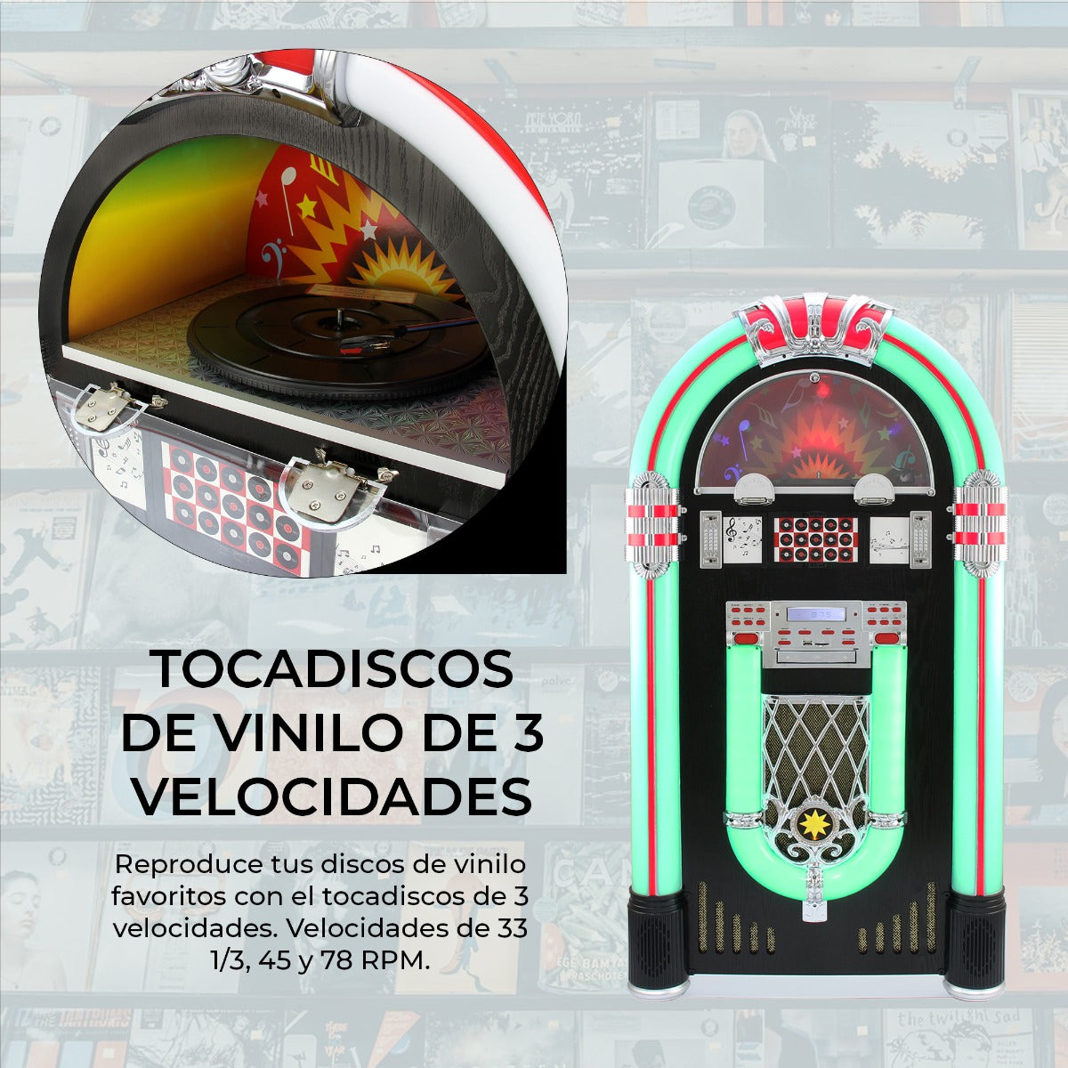 Tocadiscos Retro para Vinilos y USB con Radio