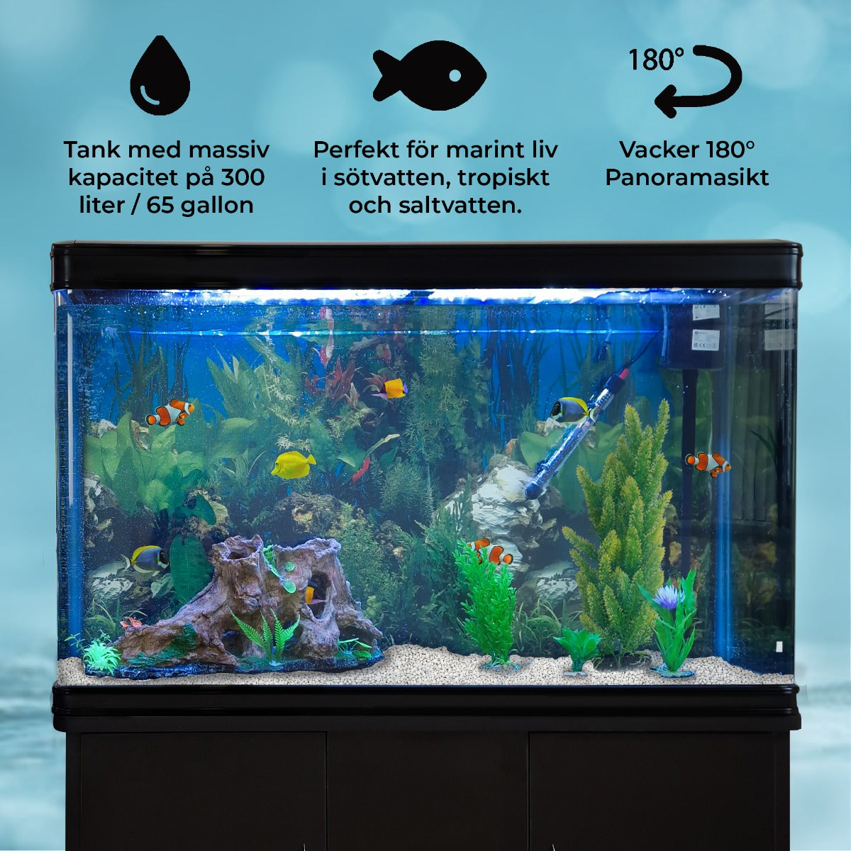 Acuario de 300L con Mueble Negro, Accesorios y Grava Blanca