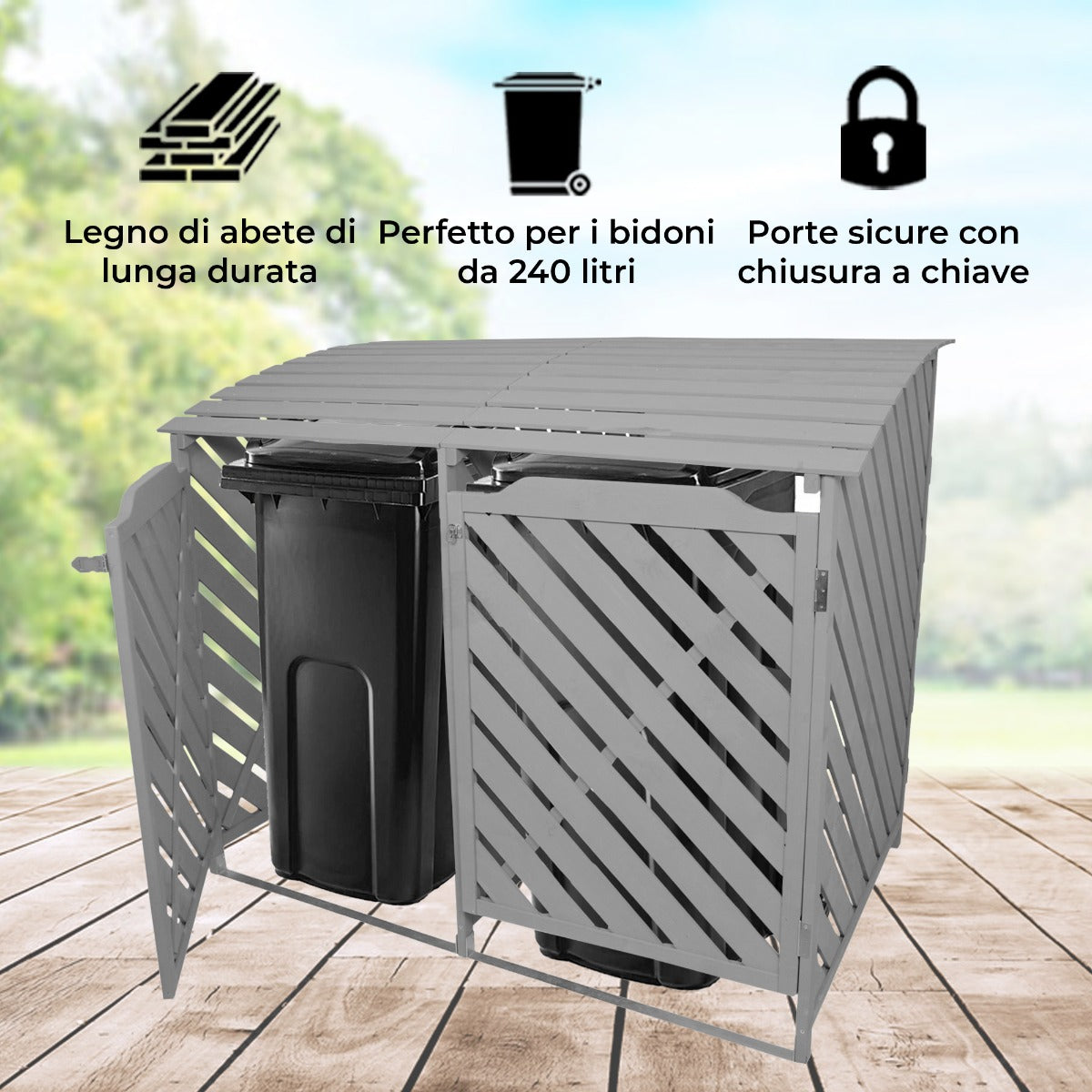 Doble Cobertizo Contenedor de Basura Madera Gris Lavado Almacenamiento Exterior