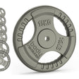 Disco de pesa de 15 kg en color gris metálico, con agarres ergonómicos y textura rugosa, ideal para entrenamiento de fuerza