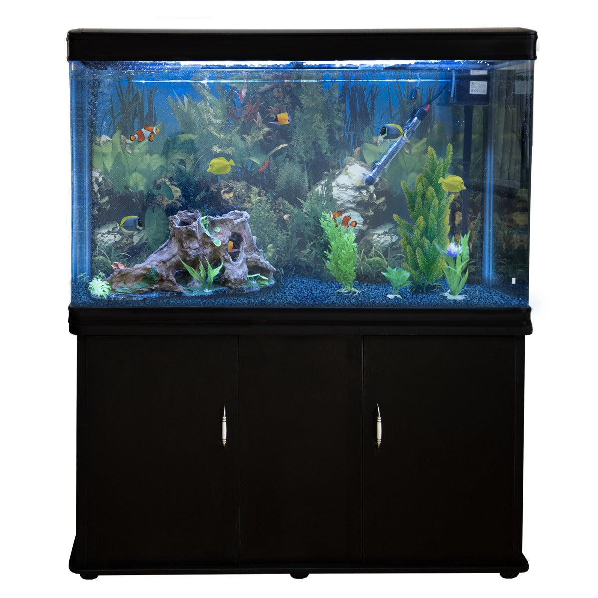 Acuario de 300L con Mueble Negro, Accesorios y Grava Azul