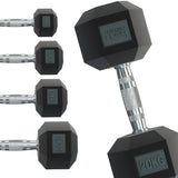 Mancuernas hexagonales de 27,5 kg en color negro con mango de metal texturizado, ideales para entrenamiento de fuerza y resistencia