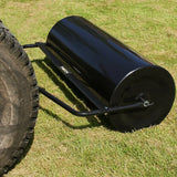 Rodillo de jardín remolcable T-Mech de 120 L, cilindro negro brillante con marco metálico, ideal para nivelar y compactar el suelo
