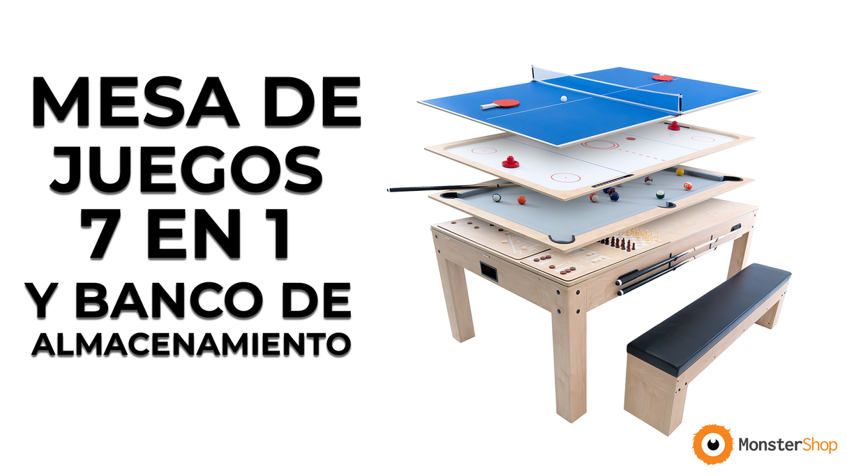 Mesa de Juegos 7 en 1 y 2 Bancos de Almacenamiento - Roble