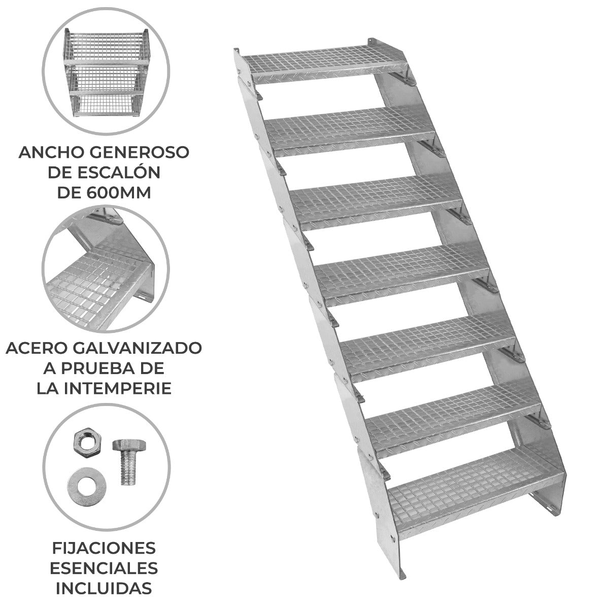 Escalera Galvanizada Ajustable de 7 Escalones – 600mm de Ancho