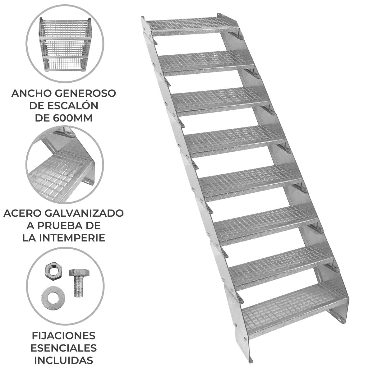 Escalera Galvanizada Ajustable de 8 Escalones – 600mm de Ancho