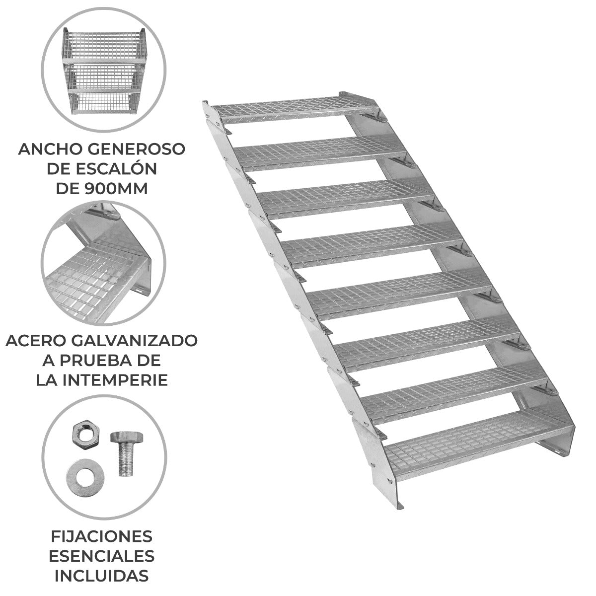 Escalera Galvanizada Ajustable de 8 Escalones – 900mm de Ancho