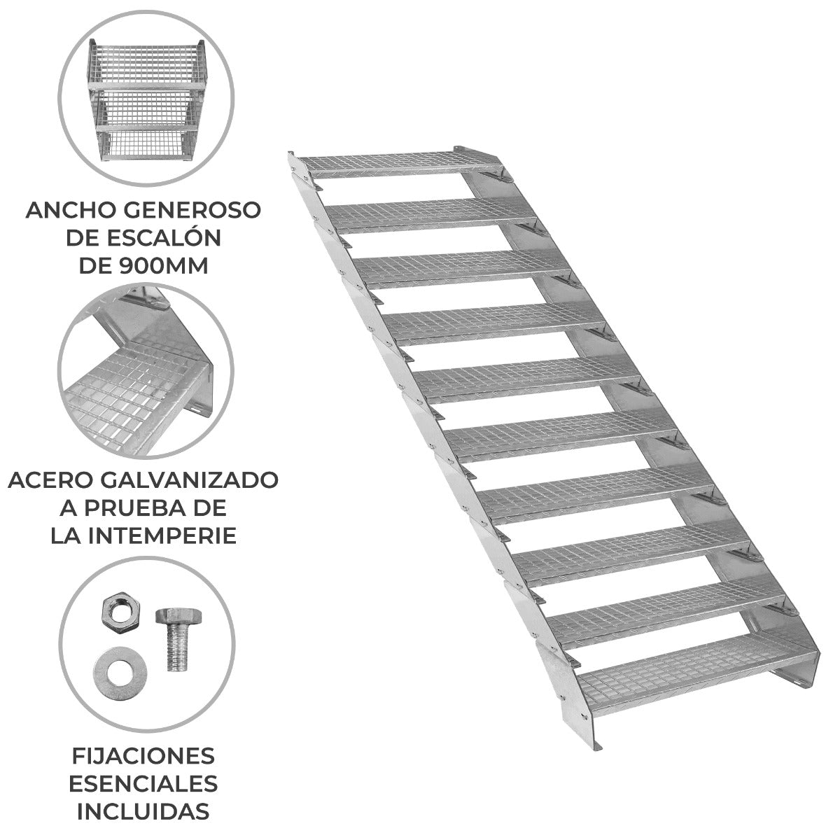 Escalera Galvanizada Ajustable de 10 Escalones– 900mm de Ancho