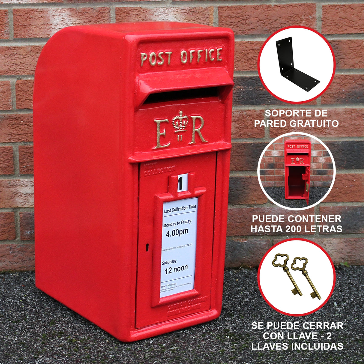 Royal Mail Buzón de Correos Rojo Pilar de Hierro Fundido Buzón de Correos para Cartas Montaje para Pared Postal