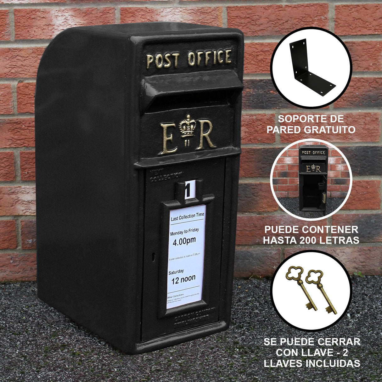 Royal Mail Buzón de Correos Negro Pilar de Hierro Fundido Buzón de Correos para Cartas Montaje para Pared Postal