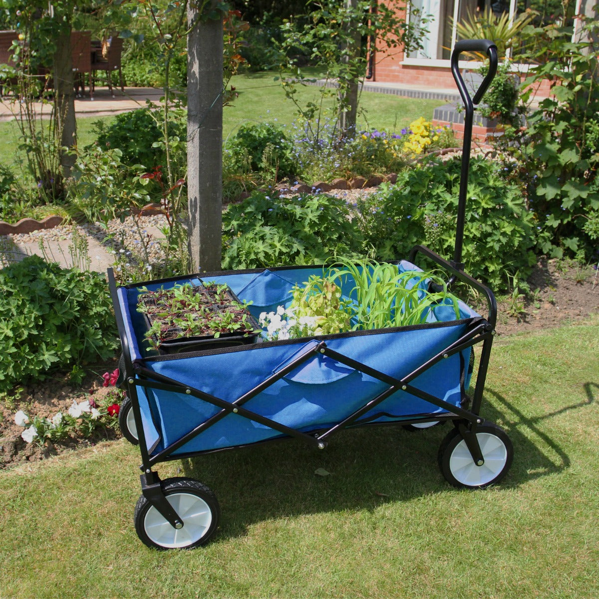 Carretilla de Jardín Plegable Azul para Jardinería con Funda Impermeable