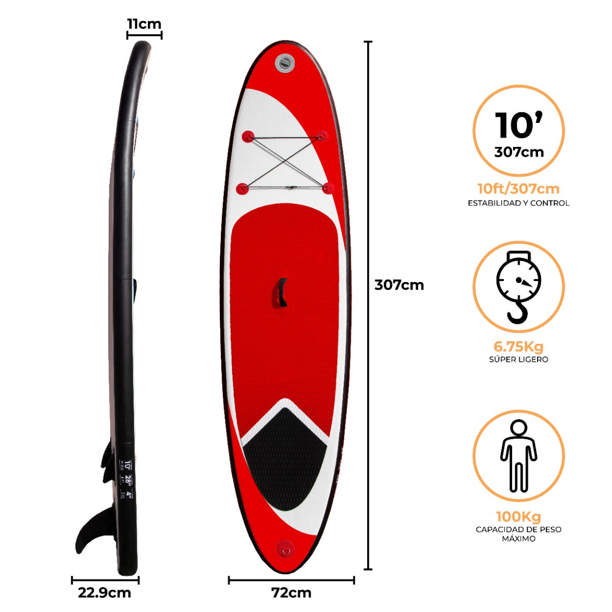 Tabla de Paddle Surf Hinchable Rojo 307 x 72 x 11cm